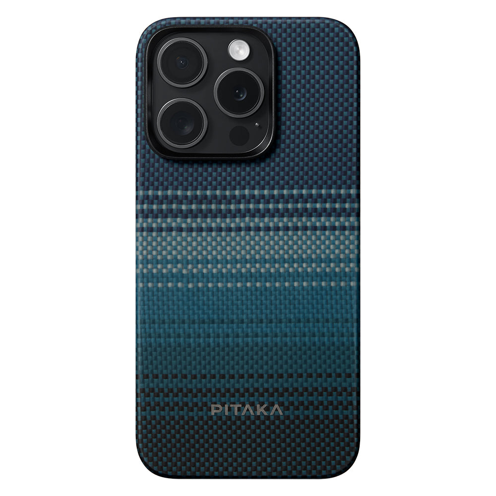Apple iPhone 15 Pro Max Kılıf M-safe Şarj Özellikli Aramid Fiber Pitaka Tactile Woven Sunset-Moonrise Serisi Moonrise Kapak Mavi