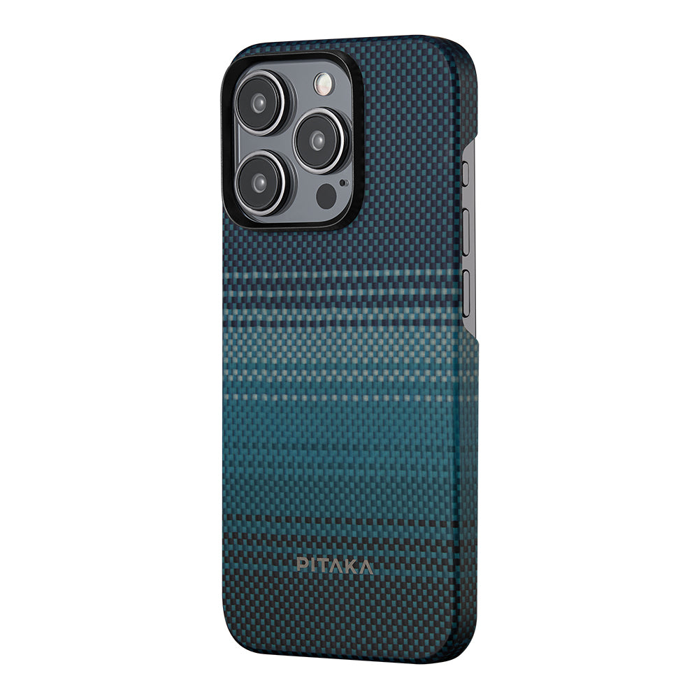 Apple iPhone 15 Pro Max Kılıf M-safe Şarj Özellikli Aramid Fiber Pitaka Tactile Woven Sunset-Moonrise Serisi Moonrise Kapak Mavi