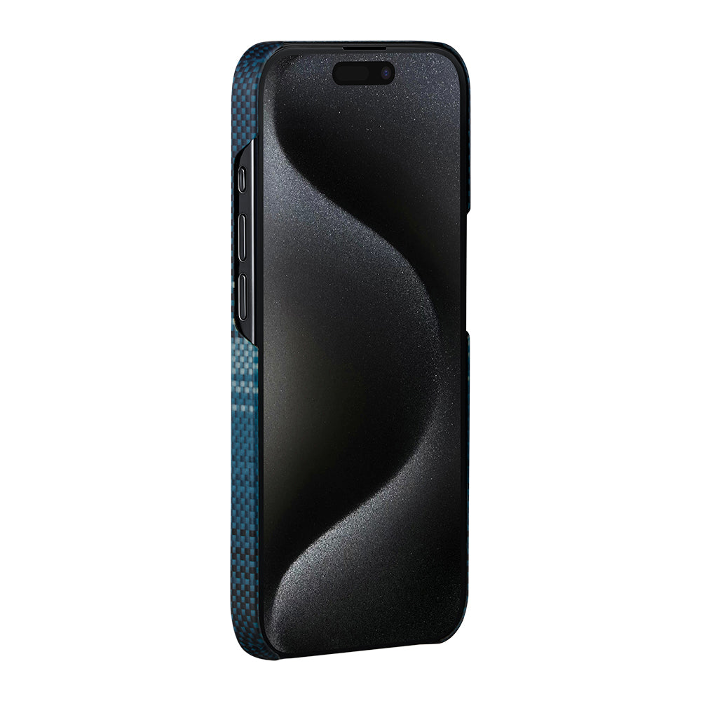 Apple iPhone 15 Pro Max Kılıf M-safe Şarj Özellikli Aramid Fiber Pitaka Tactile Woven Sunset-Moonrise Serisi Moonrise Kapak Mavi