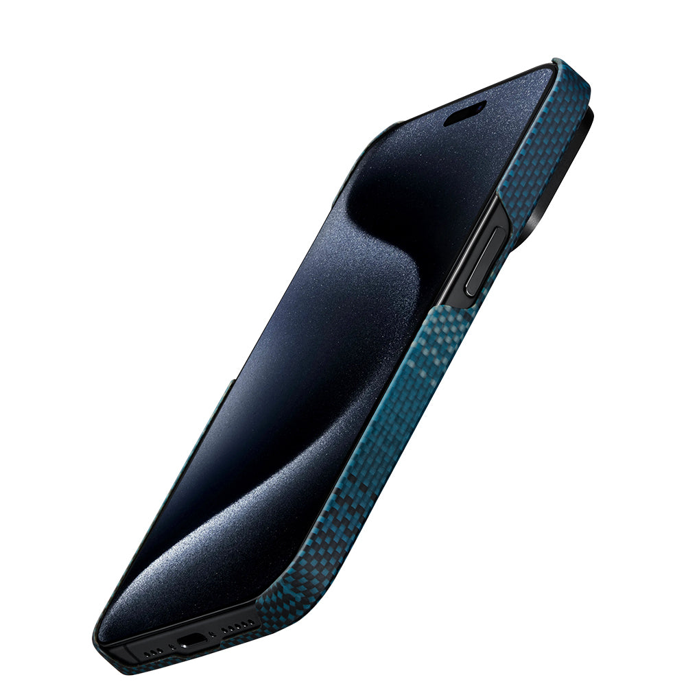 Apple iPhone 15 Pro Max Kılıf M-safe Şarj Özellikli Aramid Fiber Pitaka Tactile Woven Sunset-Moonrise Serisi Moonrise Kapak Mavi