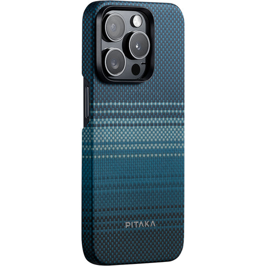 Apple iPhone 15 Pro Max Kılıf M-safe Şarj Özellikli Aramid Fiber Pitaka Tactile Woven Sunset-Moonrise Serisi Moonrise Kapak Mavi