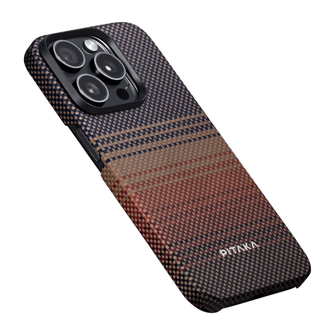 Apple iPhone 15 Pro Max Kılıf M-safe Şarj Özellikli Aramid Fiber Pitaka Tactile Woven Sunset-Moonrise Serisi Sunset Kapak Kahverengi