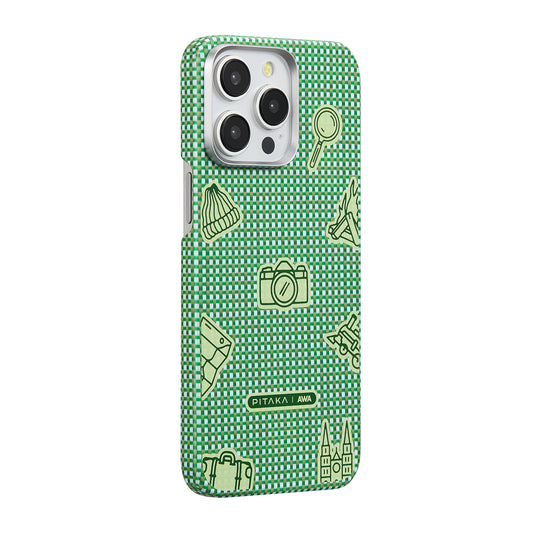 Apple iPhone 15 Pro Max Kılıf M-safe Şarj Özellikli Awa Tasarımlı 1500D Aramid Fiber Pitaka Ultra-Slim Classic Serisi Forest Kapak Yeşil