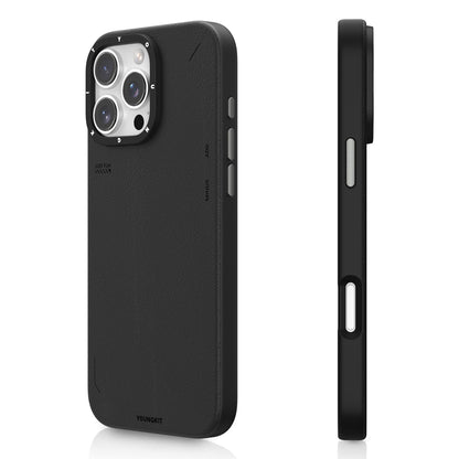 Apple iPhone 15 Pro Max Kılıf M-safe Şarj Özellikli Basit Mat Deri Desenli Youngkit Tech Fashion Serisi Kapak Siyah