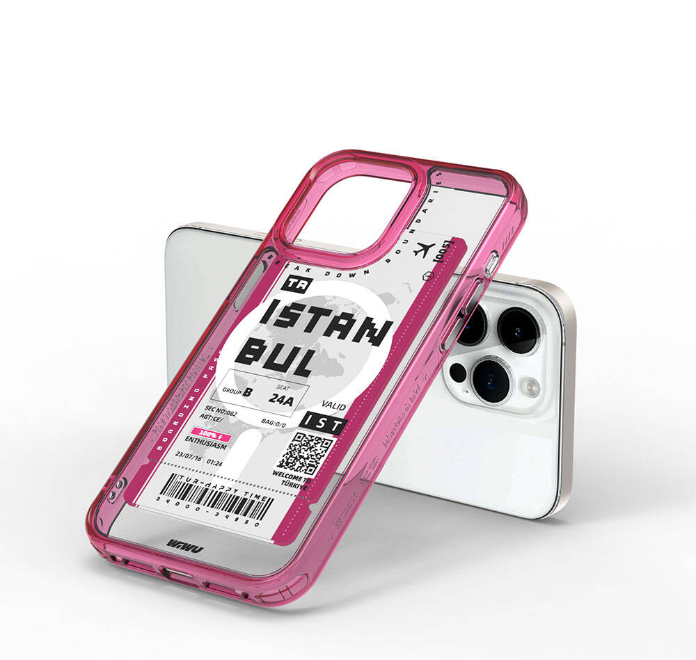 Apple iPhone 15 Pro Max Case with M-safe Charging Feature, Ticket Pattern, Wiwu Turkey B Series Cover, Pink 