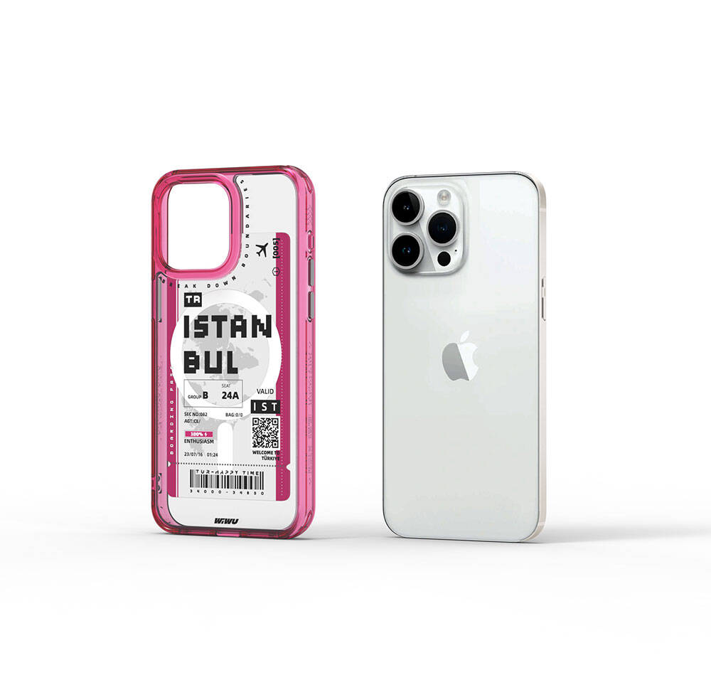 Apple iPhone 15 Pro Max Case with M-safe Charging Feature, Ticket Pattern, Wiwu Turkey B Series Cover, Pink 
