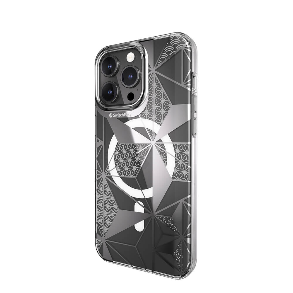Apple iPhone 15 Pro Max Kılıf M-safe Şarj Özellikli Çift IMD Baskılı Lisanslı Switcheasy Artist-M Asanoha Kapak Gri