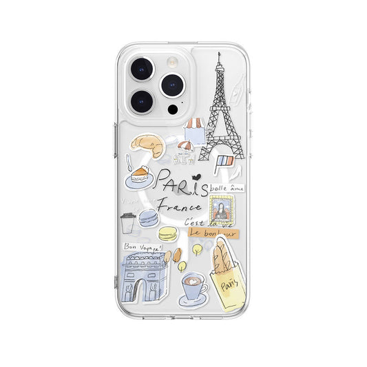 Apple iPhone 15 Pro Max Kılıf M-safe Şarj Özellikli Çizim Desenli Şok Önleyicili Şeffaf Lisanslı Switcheasy City-M Paris Kapak Renksiz