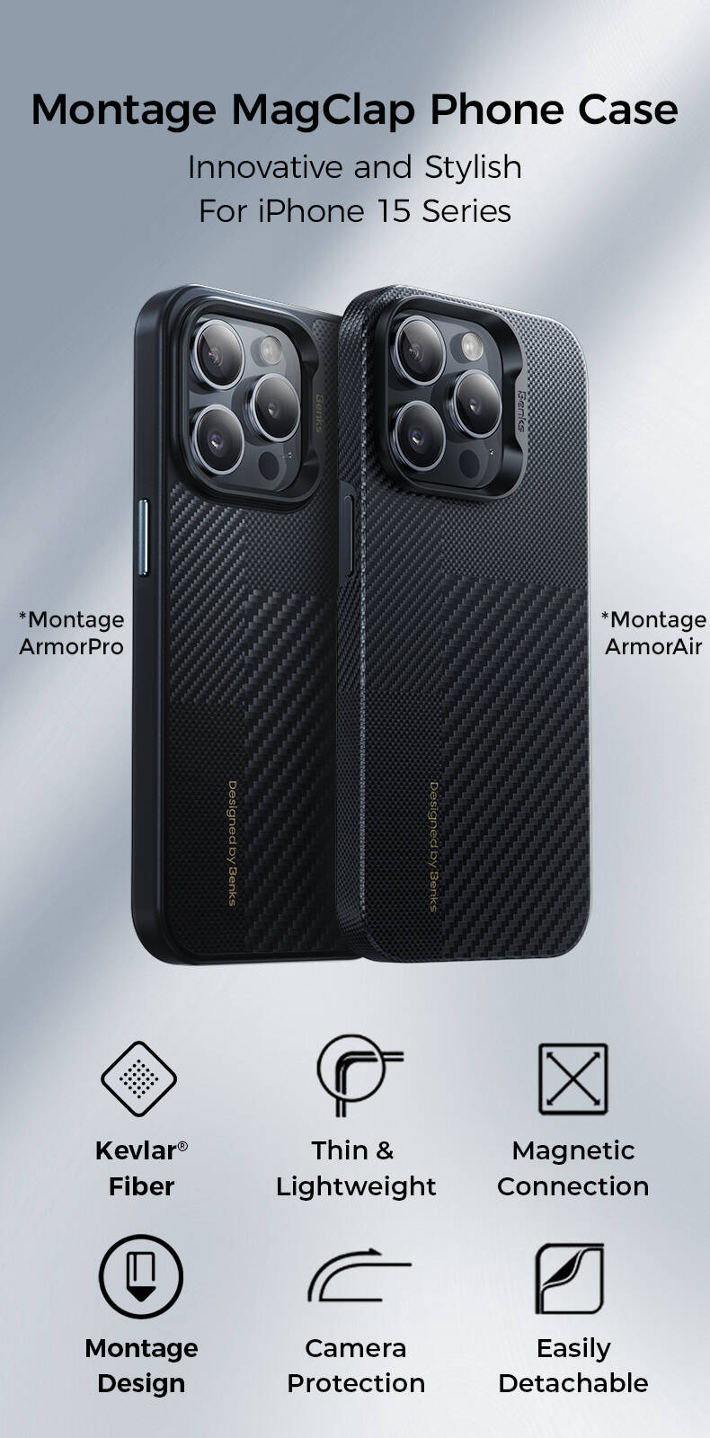 Apple iPhone 15 Pro Max Case M-safe Charging Feature Carbon Fiber Benks Montage Hybrid ArmorPro Kevlar Cover Black 