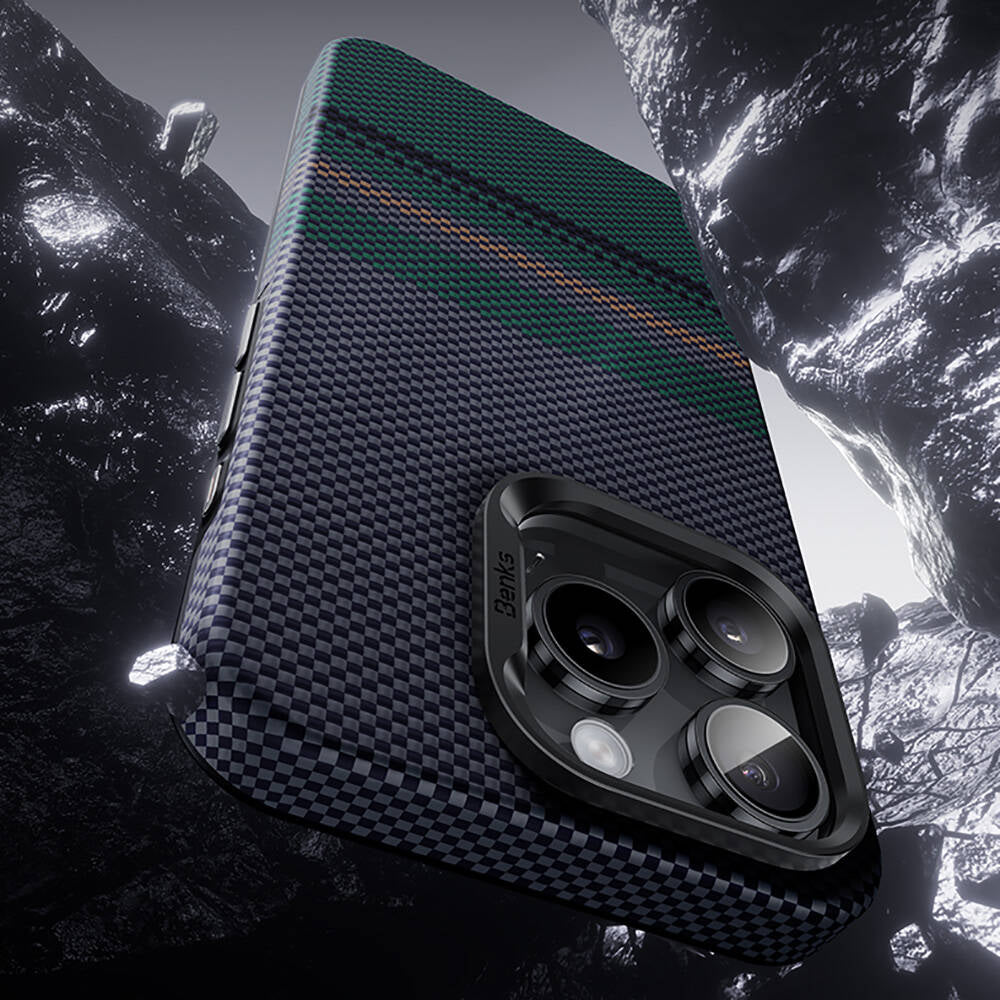 Apple iPhone 15 Pro Max Case M-safe Charging Feature Carbon Fiber Design Benks Aurora ArmorPro Kevlar Cover Black