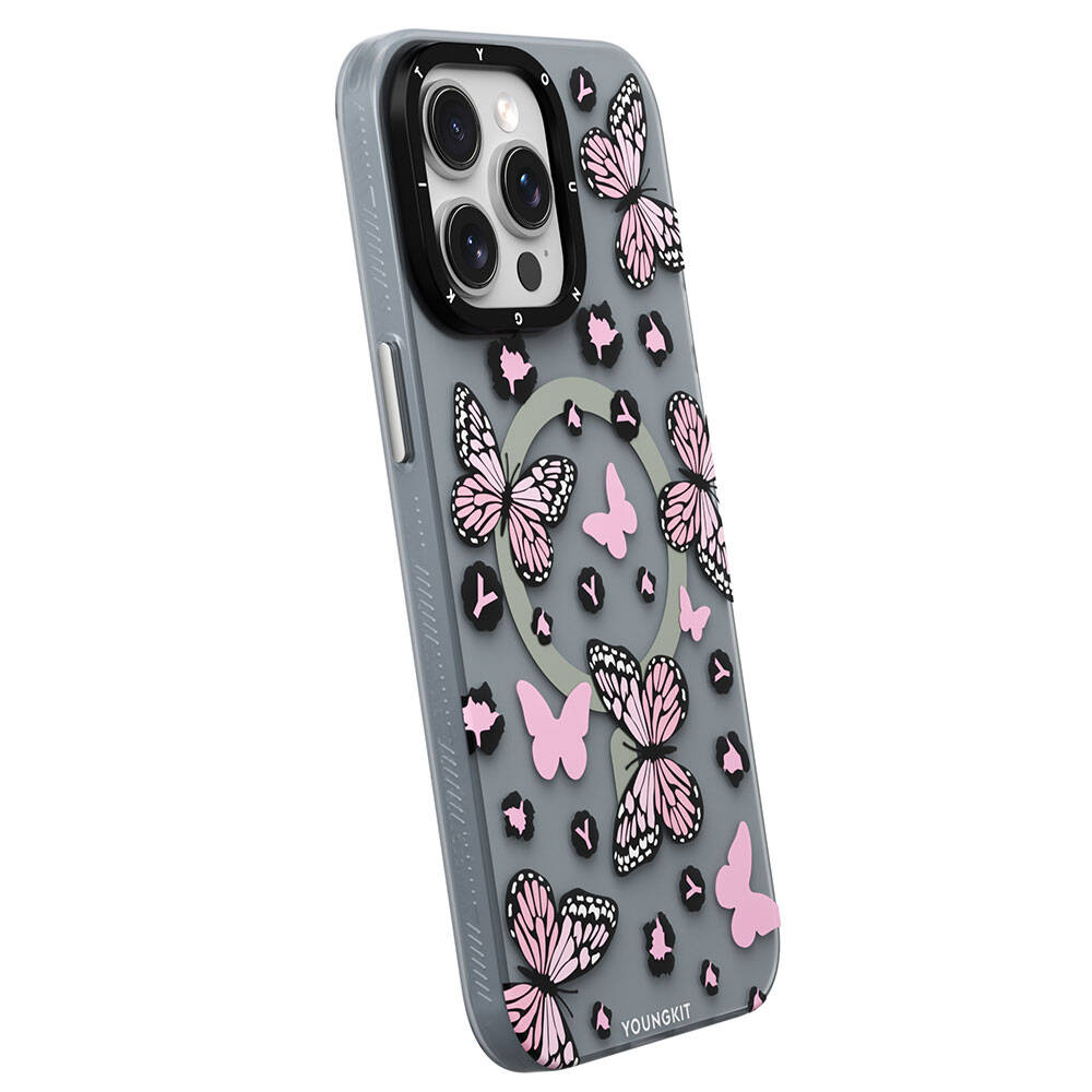 Apple iPhone 15 Pro Max Case M-safe Charging Feature Butterfly Pattern Youngkit Shadow Dance Series Cover Black 