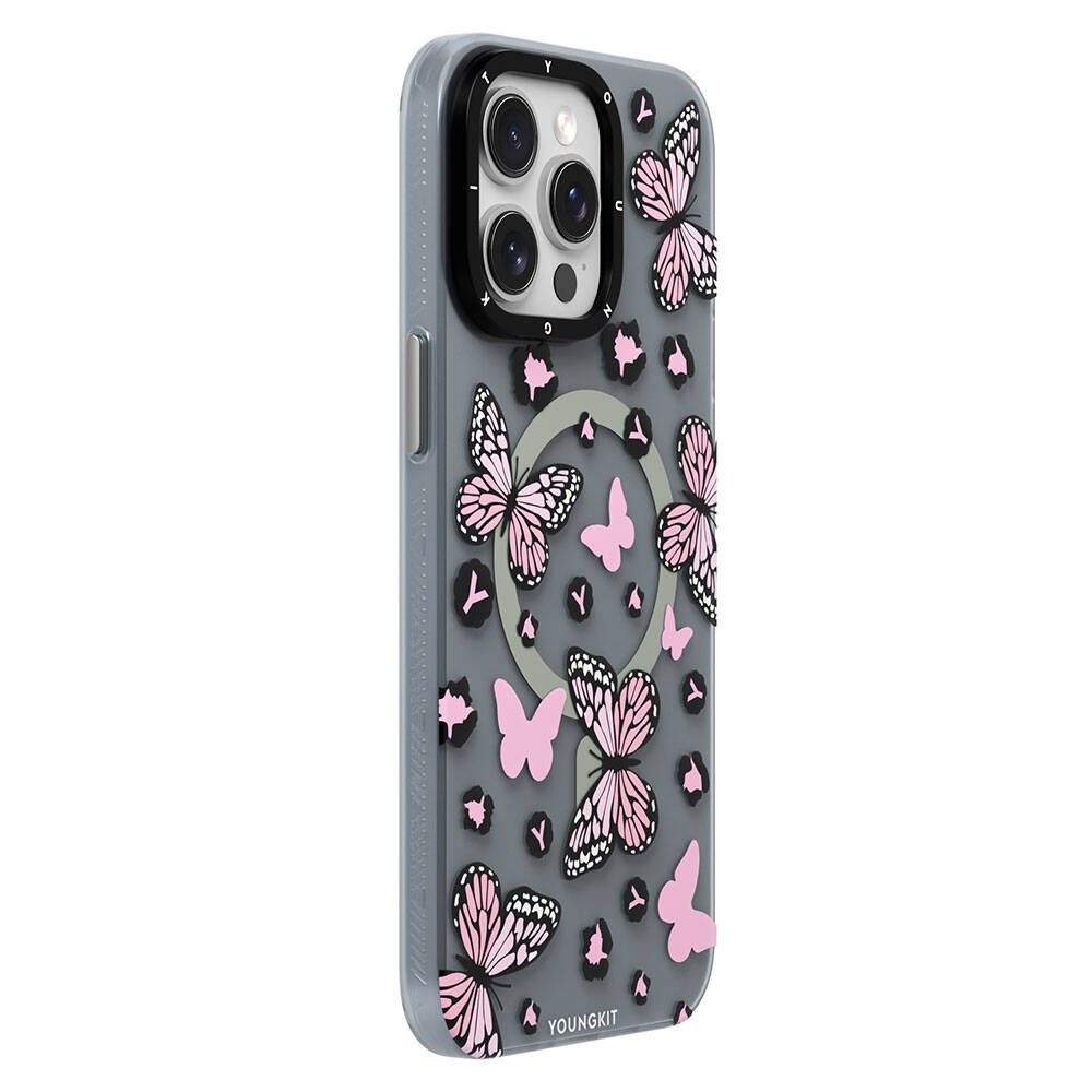 Apple iPhone 15 Pro Max Case M-safe Charging Feature Butterfly Pattern Youngkit Shadow Dance Series Cover Pink 