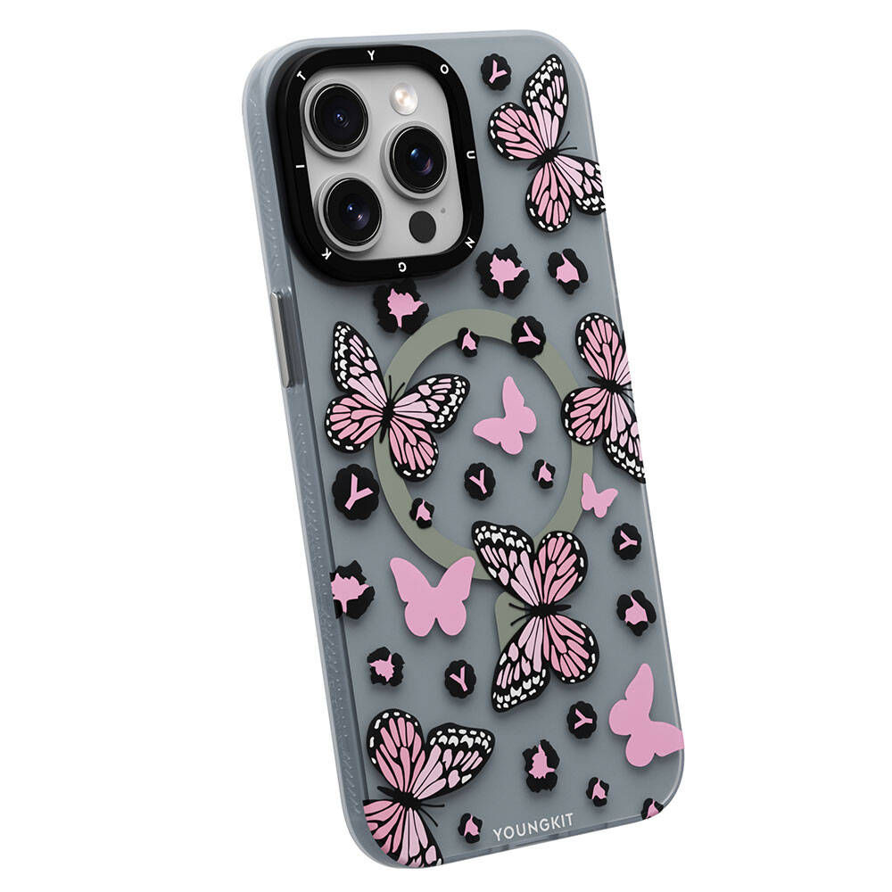 Apple iPhone 15 Pro Max Case M-safe Charging Feature Butterfly Pattern Youngkit Shadow Dance Series Cover Black 