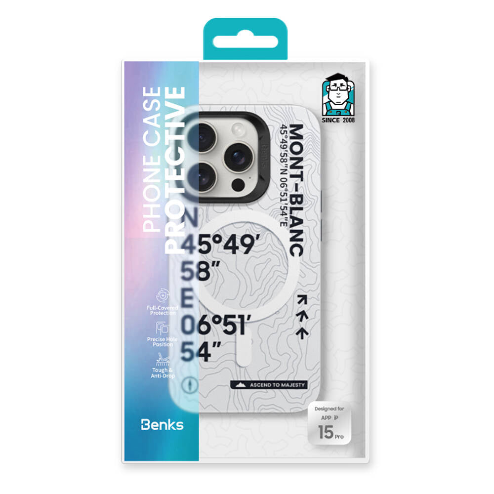 Apple iPhone 15 Pro Max Case M-safe Charging Feature Coordinate Text Patterned Benks Summit Series Cover White 