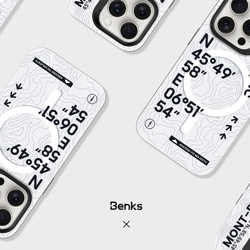 Apple iPhone 15 Pro Max Case M-safe Charging Feature Coordinate Text Patterned Benks Summit Series Cover White 