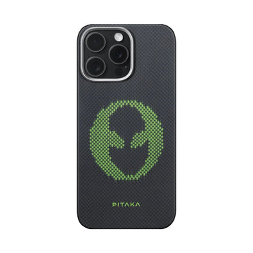 Apple iPhone 15 Pro Max Kılıf  M-safe Şarj Özellikli Lumintex Teknolojili Fosforlu Aramid Fiber Pitaka Tactile Woven Aries Serisi Kapak Siyah-Mavi