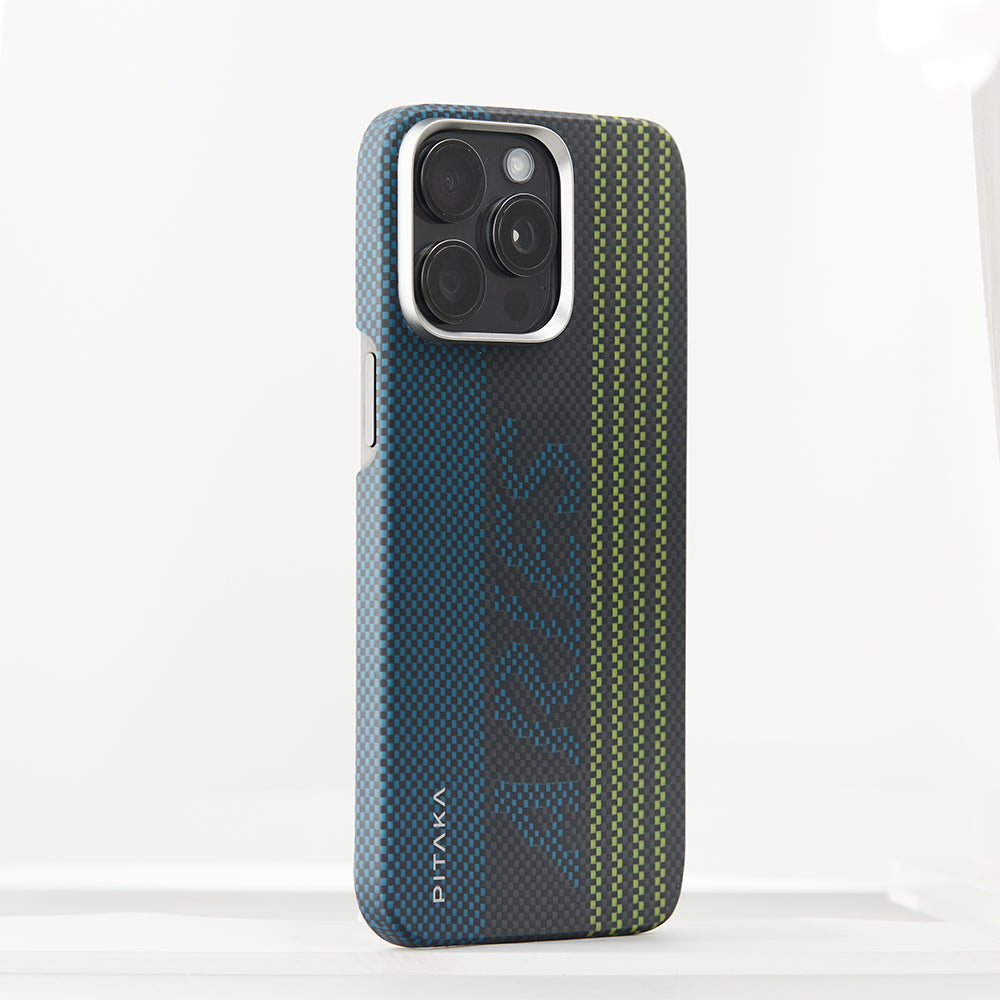 Apple iPhone 15 Pro Max Kılıf  M-safe Şarj Özellikli Lumintex Teknolojili Fosforlu Aramid Fiber Pitaka Tactile Woven Aries Serisi Kapak Siyah