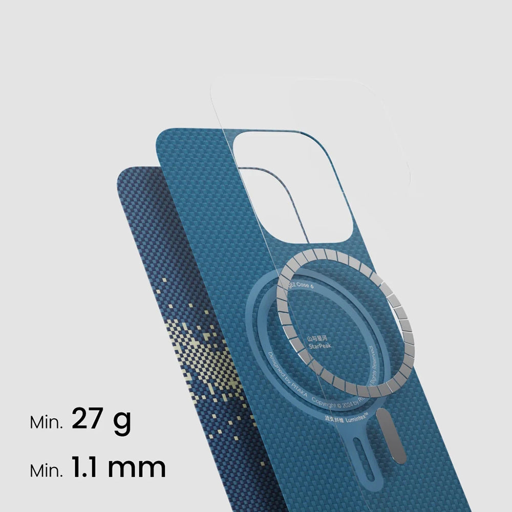 Apple iPhone 15 Pro Max Kılıf M-safe Şarj Özellikli Lumintex Teknolojili Fosforlu Özellikli Aramid Fiber Pitaka Tactile Woven Starpeak Serisi Milky Way Galaxy Kapak Mavi