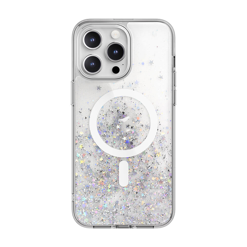 Apple iPhone 15 Pro Max Kılıf M-safe Şarj Özellikli Parlayan Simli Şeffaf Lisanslı Switcheasy Starfield-M Kapak Renksiz