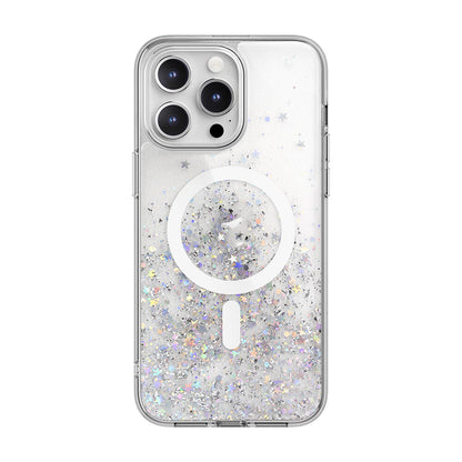 Apple iPhone 15 Pro Max Kılıf M-safe Şarj Özellikli Parlayan Simli Şeffaf Lisanslı Switcheasy Starfield-M Kapak Renksiz