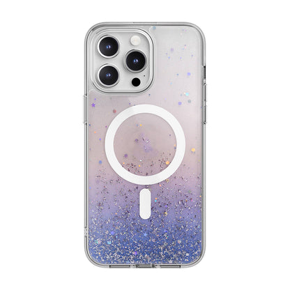 Apple iPhone 15 Pro Max Kılıf M-safe Şarj Özellikli Parlayan Simli Şeffaf Lisanslı Switcheasy Starfield-M Kapak Mor
