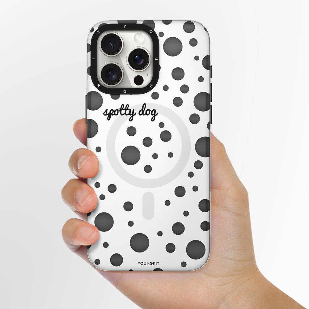 Apple iPhone 15 Pro Max Case M-safe Charging Feature Polka Dot Patterned Youngkit Spots Series Cover White 