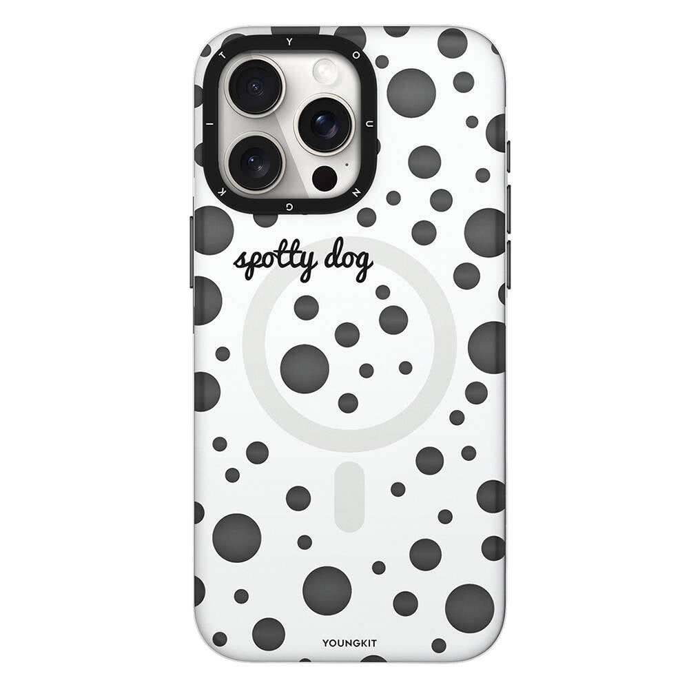 Apple iPhone 15 Pro Max Case M-safe Charging Feature Polka Dot Patterned Youngkit Spots Series Cover White 