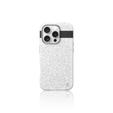Apple iPhone 15 Pro Max Kılıf M-safe Şarj Özellikli Suni Deri Tasarımlı Desenli Pynana Print Serisi Kapak Beyaz