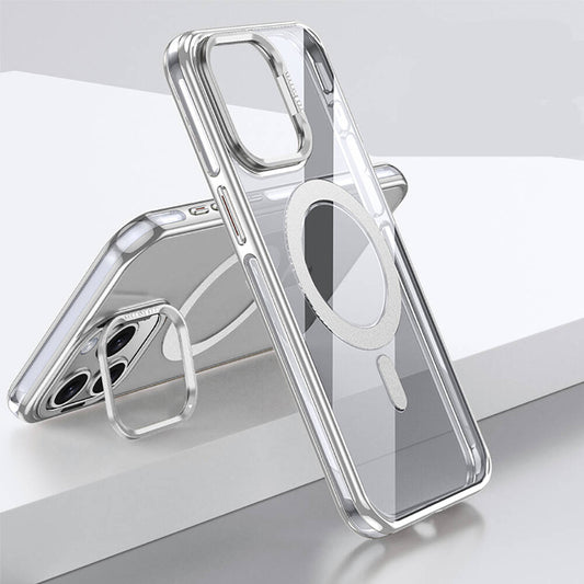 Apple iPhone 15 Pro Max Kılıf M-safe Şarj Özellikli Wlons Standlı Efsane Kapak Gümüş