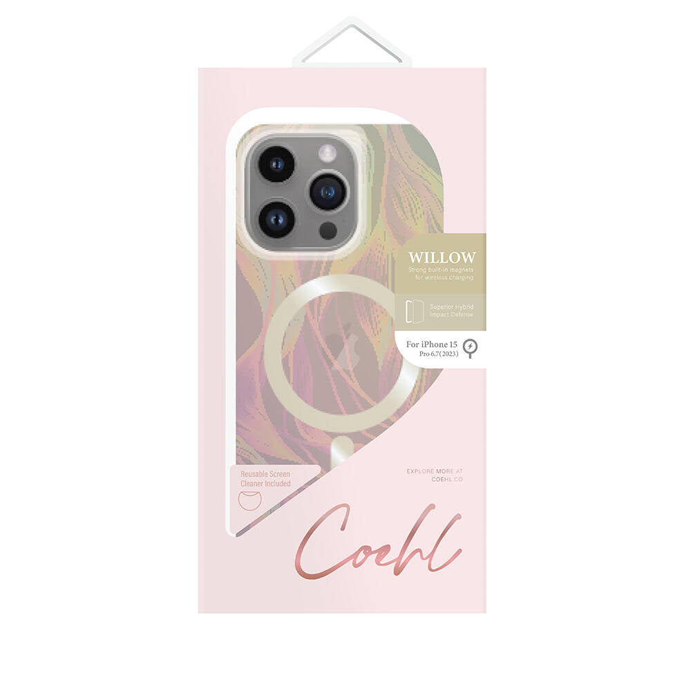 Apple iPhone 15 Pro Max Kılıf M-safe Şarj Özellikli Yaprak Desenli Coehl Willow Kapak Pembe