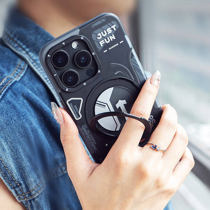 Apple iPhone 15 Pro Max Kılıf M-safe Şarj Özellikli Youngkit 360° Standlı Starship Serisi Kapak Beyaz