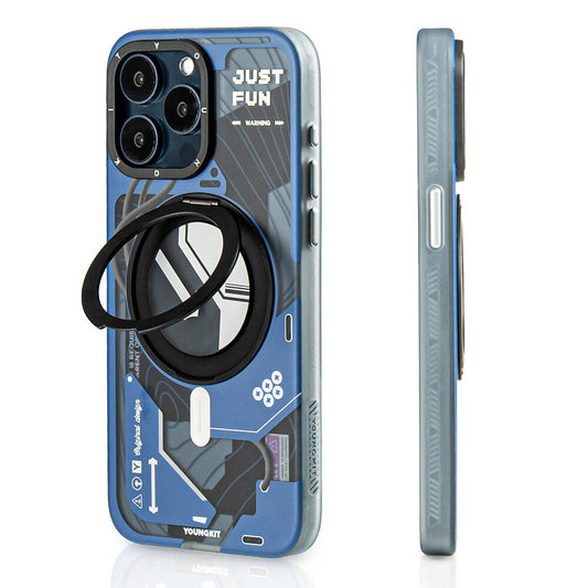 Apple iPhone 15 Pro Max Kılıf M-safe Şarj Özellikli Youngkit 360° Standlı Starship Serisi Kapak Mavi