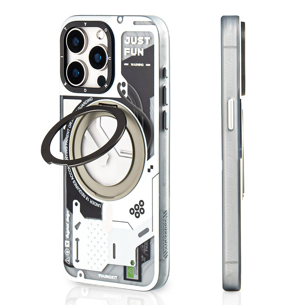 Apple iPhone 15 Pro Max Kılıf M-safe Şarj Özellikli Youngkit 360° Standlı Starship Serisi Kapak Beyaz