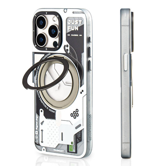 Apple iPhone 15 Pro Max Kılıf M-safe Şarj Özellikli Youngkit 360° Standlı Starship Serisi Kapak Beyaz