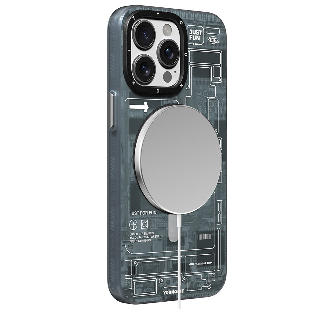 Apple iPhone 15 Pro Max Kılıf M-safe Şarj Özellikli Youngkit 360° Standlı Technology Serisi Kapak Gri