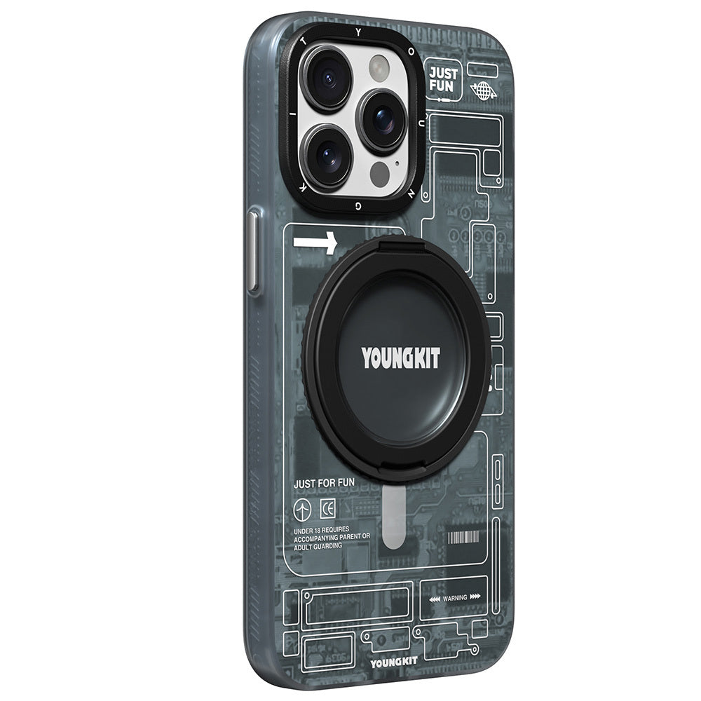 Apple iPhone 15 Pro Max Kılıf M-safe Şarj Özellikli Youngkit 360° Standlı Technology Serisi Kapak Gri