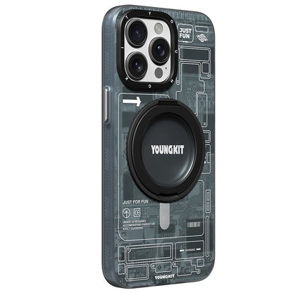 Apple iPhone 15 Pro Max Kılıf M-safe Şarj Özellikli Youngkit 360° Standlı Technology Serisi Kapak Gri