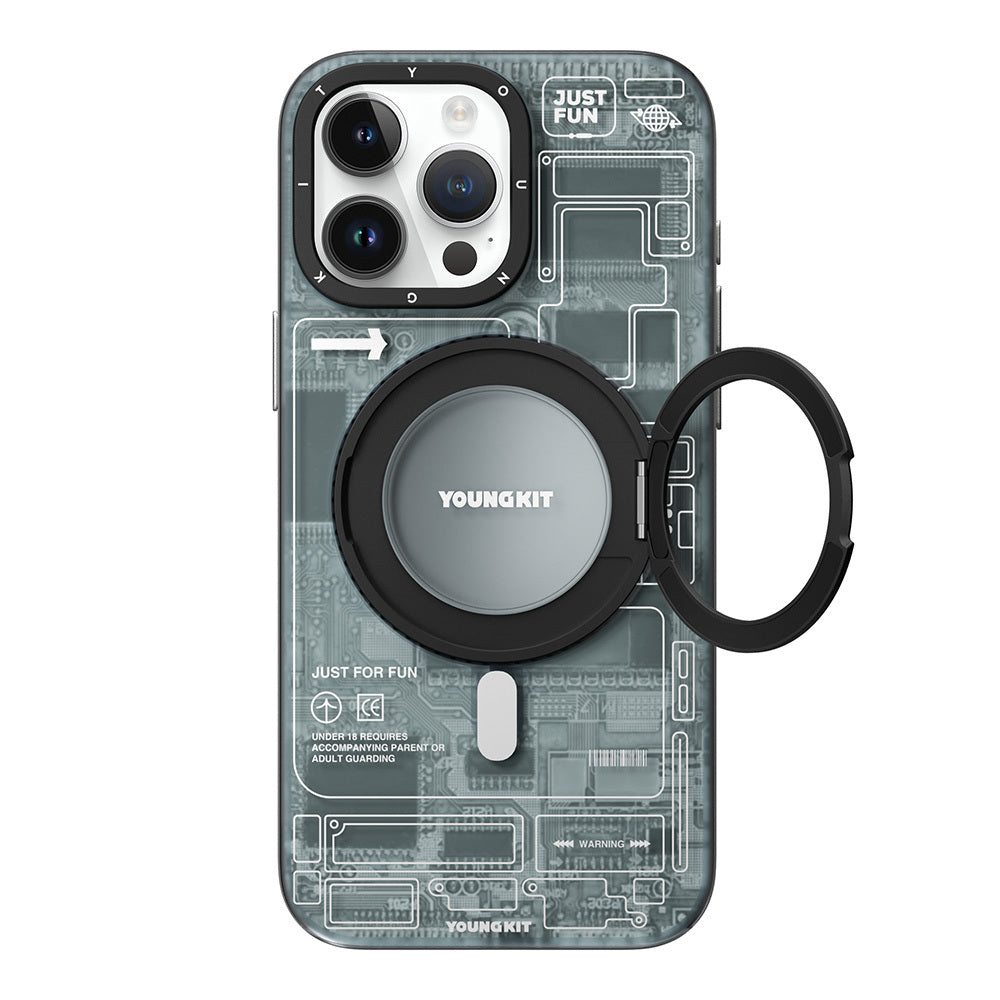 Apple iPhone 15 Pro Max Kılıf M-safe Şarj Özellikli Youngkit 360° Standlı Technology Serisi Kapak Gri