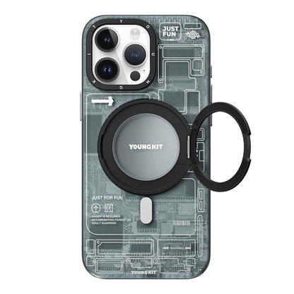 Apple iPhone 15 Pro Max Kılıf M-safe Şarj Özellikli Youngkit 360° Standlı Technology Serisi Kapak Gri