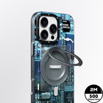 Apple iPhone 15 Pro Max Kılıf M-safe Şarj Özellikli Youngkit 360° Standlı Technology Serisi Kapak Gri