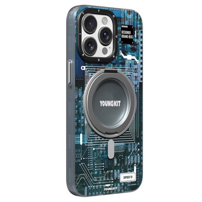 Apple iPhone 15 Pro Max Kılıf M-safe Şarj Özellikli Youngkit 360° Standlı Technology Serisi Kapak Gri