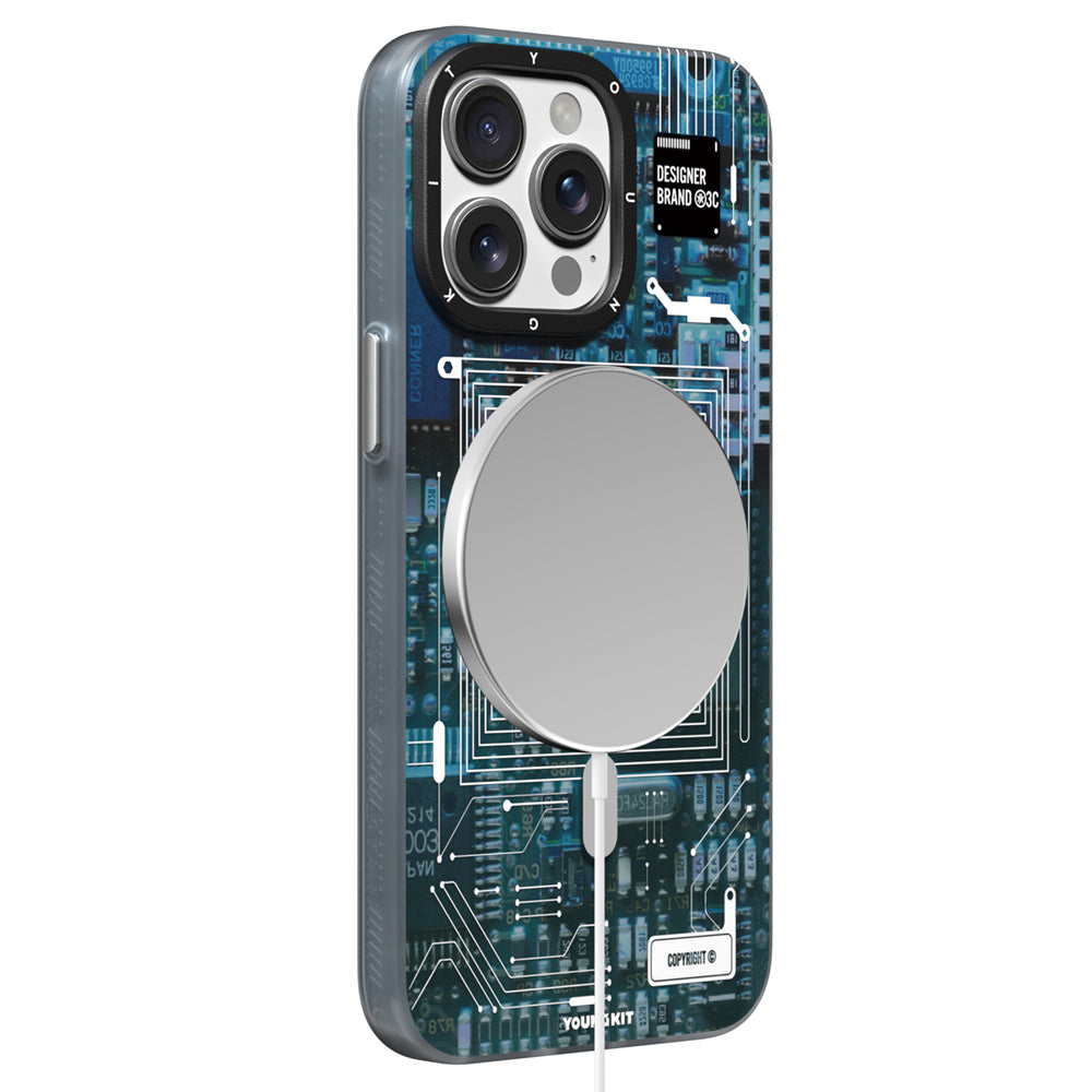 Apple iPhone 15 Pro Max Kılıf M-safe Şarj Özellikli Youngkit 360° Standlı Technology Serisi Kapak Gri