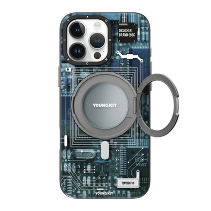 Apple iPhone 15 Pro Max Kılıf M-safe Şarj Özellikli Youngkit 360° Standlı Technology Serisi Kapak Gri