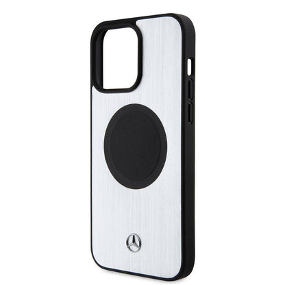 Apple iPhone 15 Pro Max Kılıf Mercedes Benz Orjinal Lisanslı M-safe Şarj Özellikli Alüminyum Arka Yüzey Metal Yıldız Logolu Kapak Gümüş