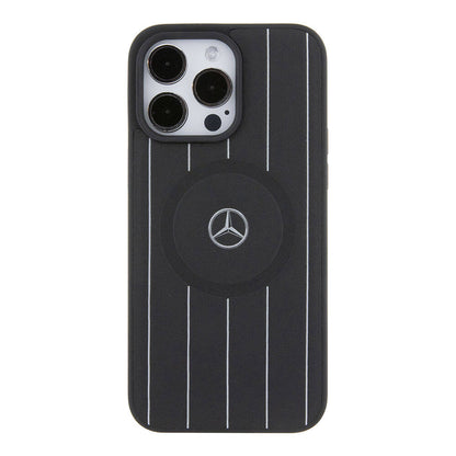 Apple iPhone 15 Pro Max Kılıf Mercedes Benz Orjinal Lisanslı M-safe Şarj Özellikli Baskı Logolu Paralel Çizgi Desenli Deri Kapak Siyah