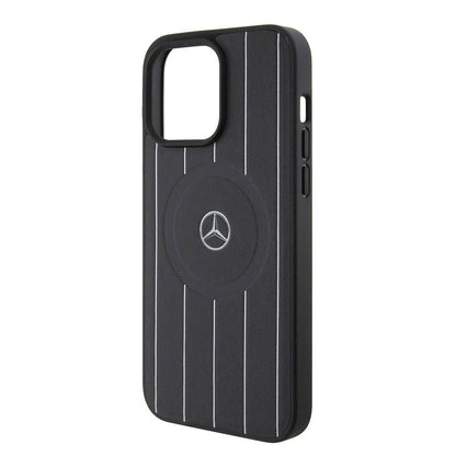Apple iPhone 15 Pro Max Kılıf Mercedes Benz Orjinal Lisanslı M-safe Şarj Özellikli Baskı Logolu Paralel Çizgi Desenli Deri Kapak Siyah