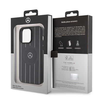 Apple iPhone 15 Pro Max Kılıf Mercedes Benz Orjinal Lisanslı M-safe Şarj Özellikli Baskı Logolu Paralel Çizgi Desenli Deri Kapak Siyah