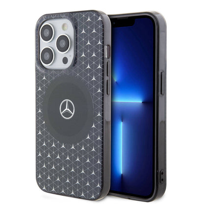 Apple iPhone 15 Pro Max Kılıf Mercedes Benz Orjinal Lisanslı M-safe Şarj Özellikli Çift Katmanlı Mini Yıldız Desenli Kapak Siyah