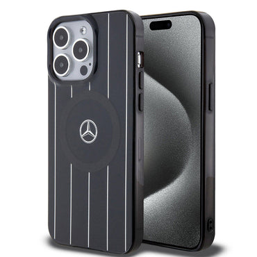 Apple iPhone 15 Pro Max Kılıf Mercedes Benz Orjinal Lisanslı M-safe Şarj Özellikli Çift Katmanlı Paralel Çizgi Desenli Kapak Beyaz