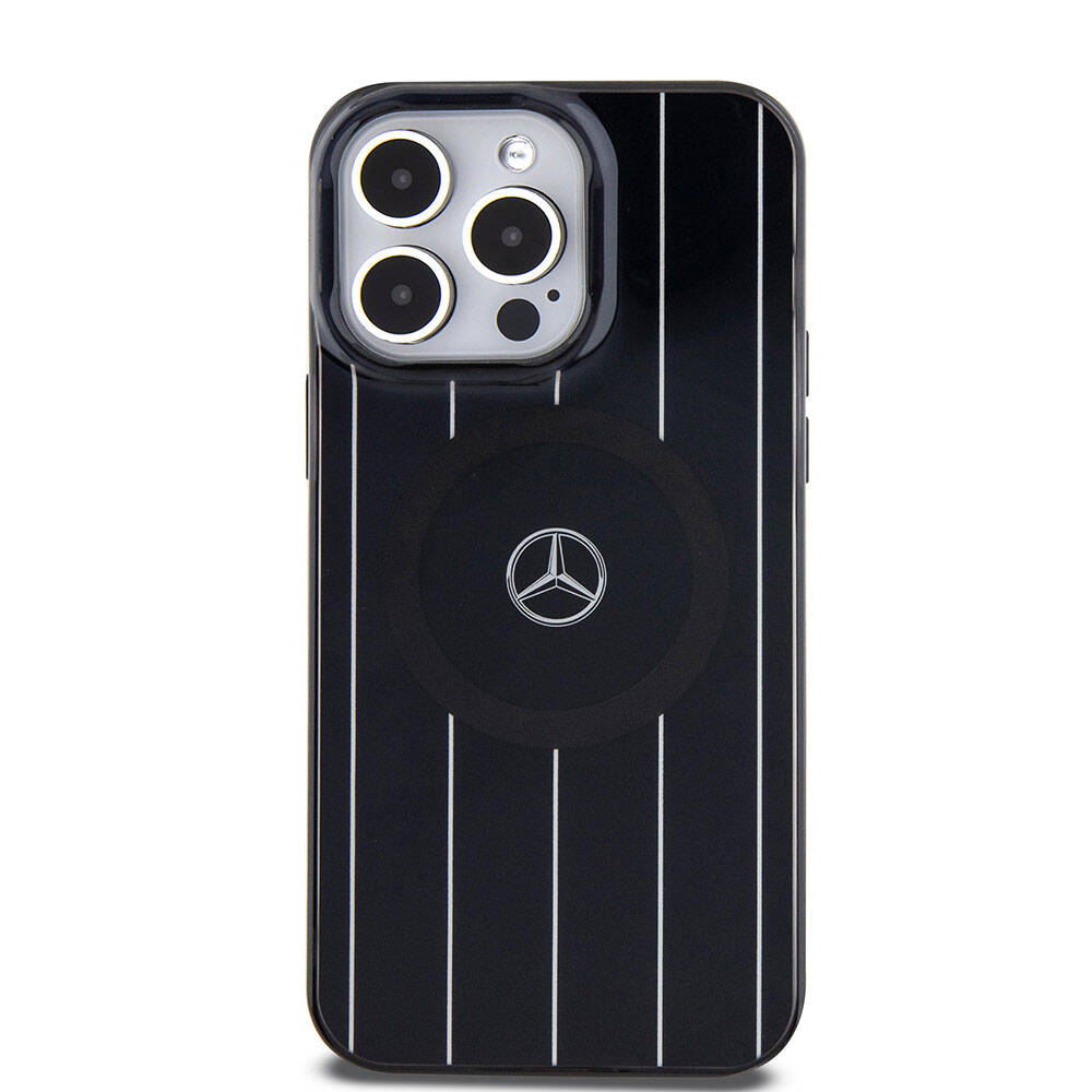 Apple iPhone 15 Pro Max Kılıf Mercedes Benz Orjinal Lisanslı M-safe Şarj Özellikli Çift Katmanlı Paralel Çizgi Desenli Kapak Siyah